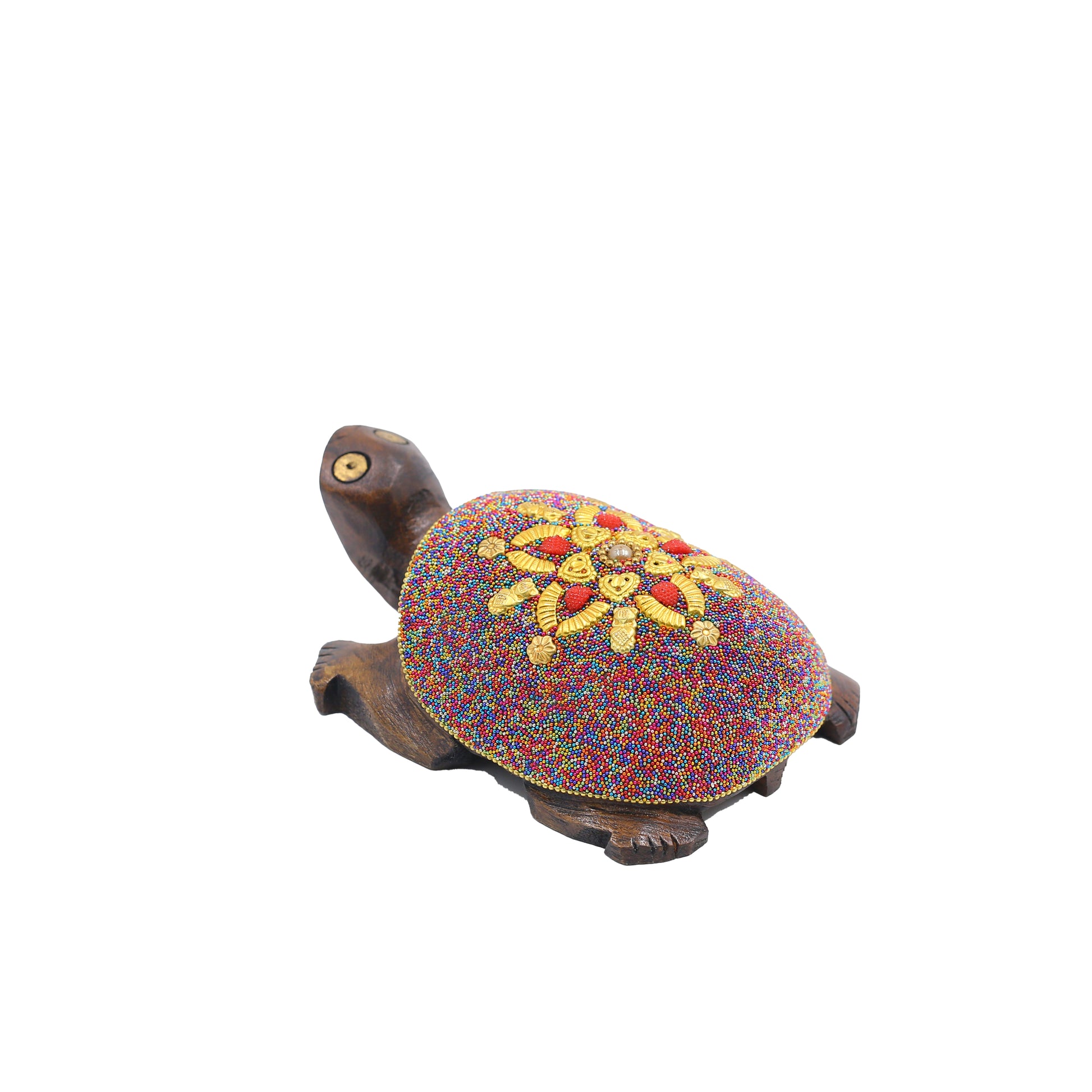Wooden Turtle W/Multi Color Beads W/Flower Work By Stories