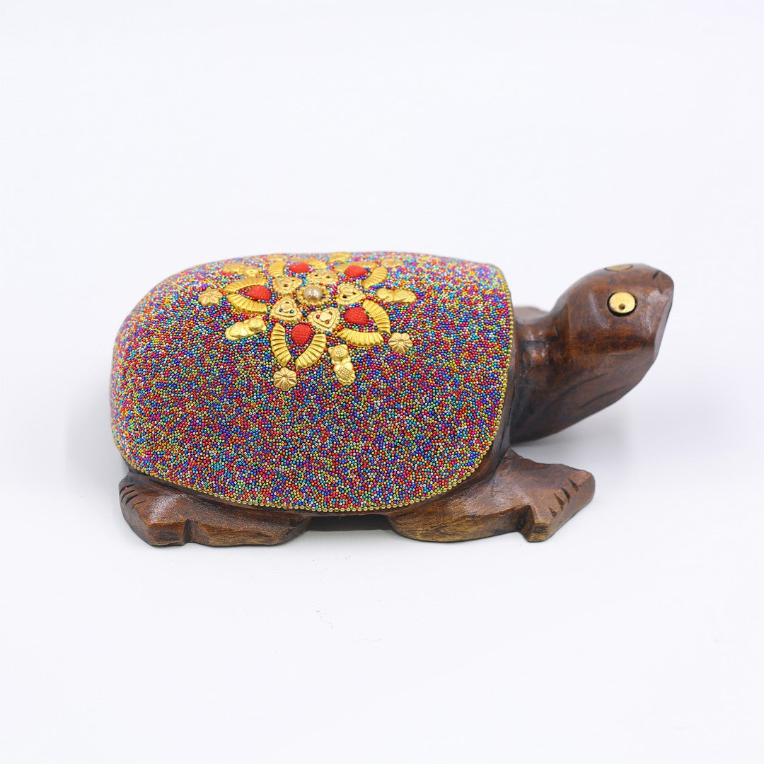 Wooden Turtle W/Multi Color Beads W/Flower Work By Stories