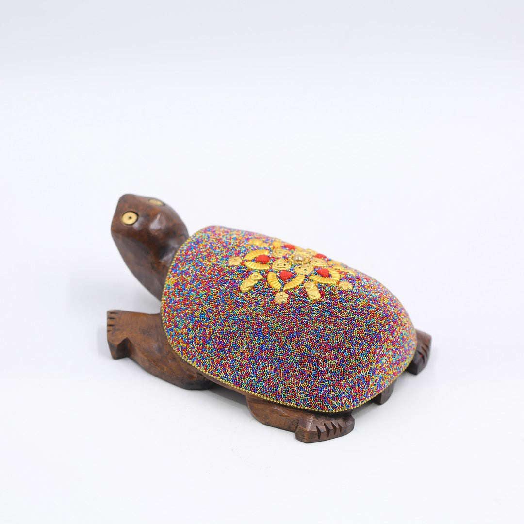 Wooden Turtle W/Multi Color Beads W/Flower Work By Stories