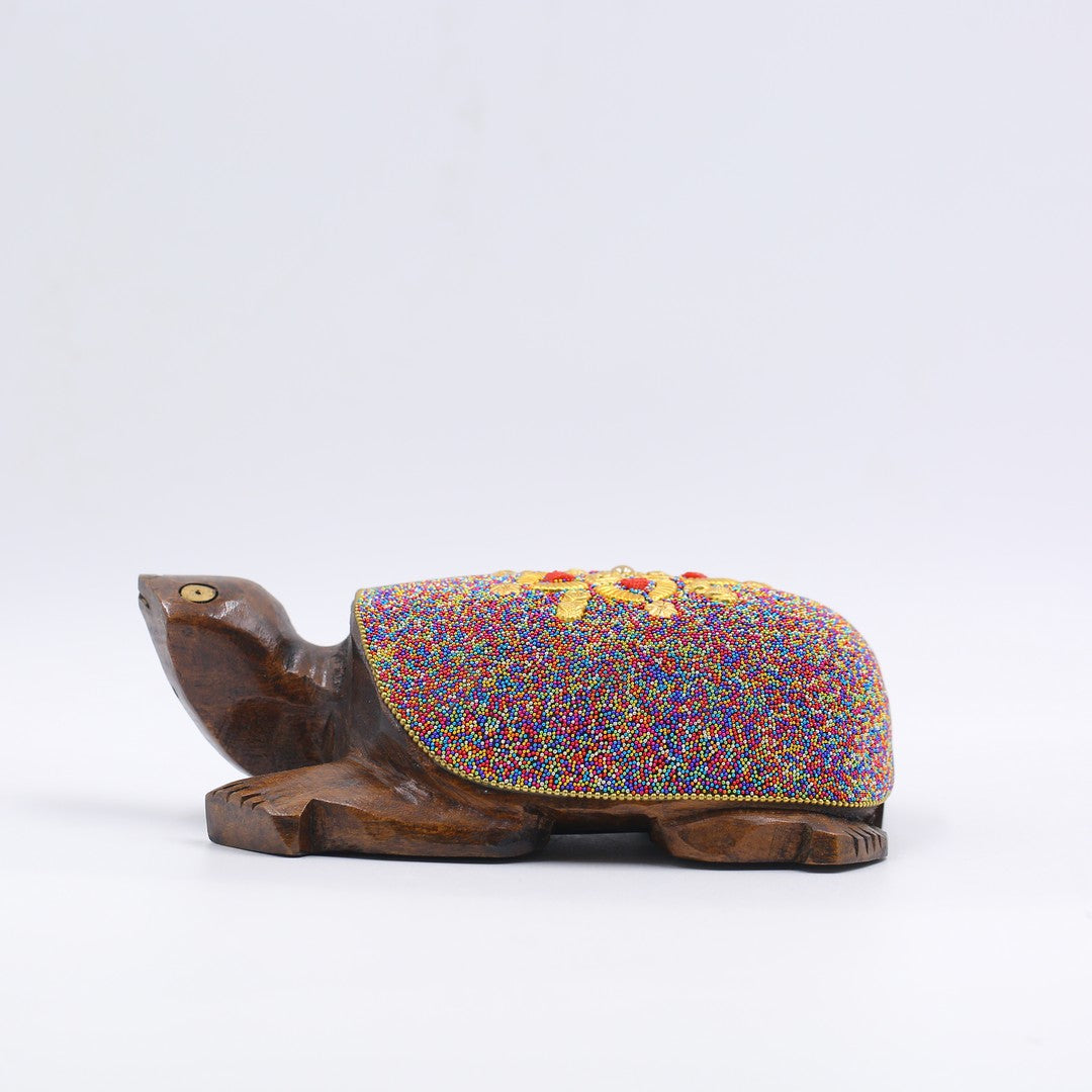 Wooden Turtle W/Multi Color Beads W/Flower Work By Stories