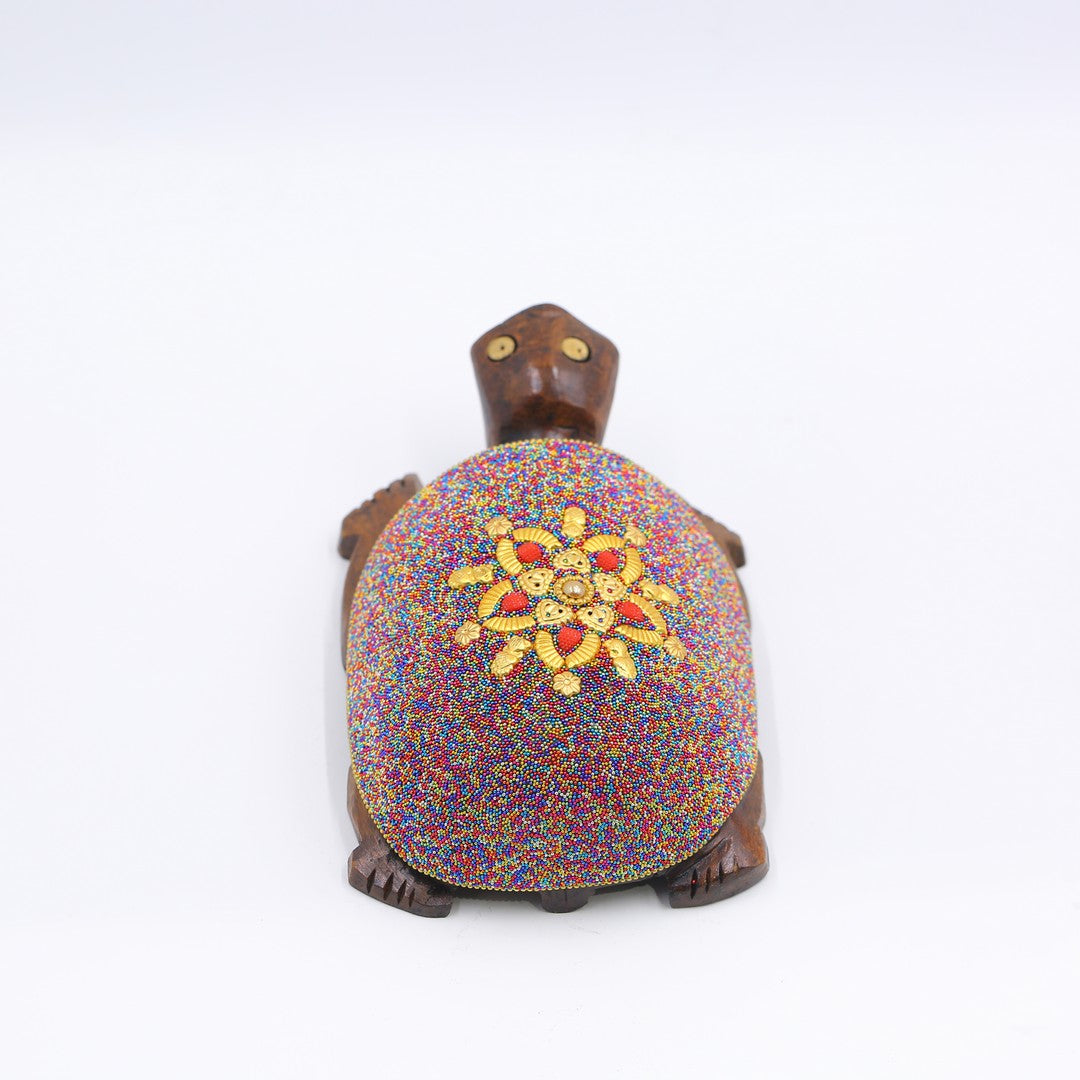 Wooden Turtle W/Multi Color Beads W/Flower Work By Stories