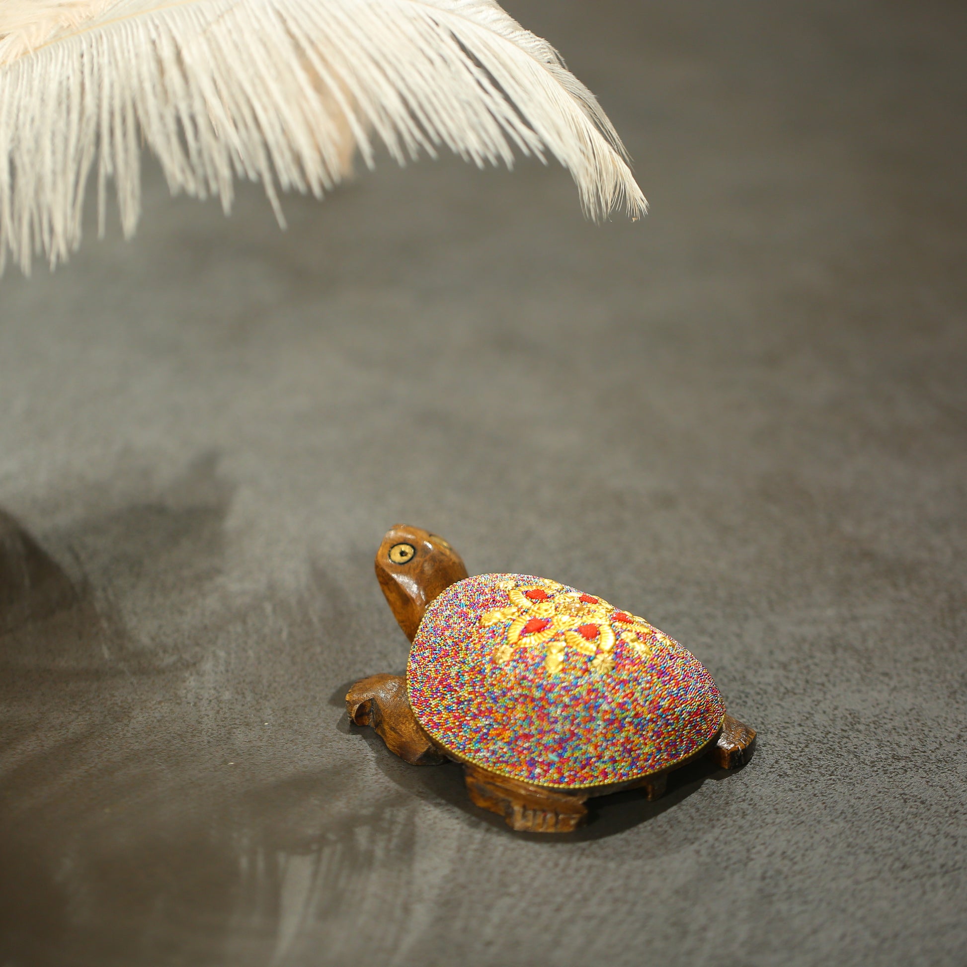 Wooden Turtle W/Multi Color Beads W/Flower Work By Stories