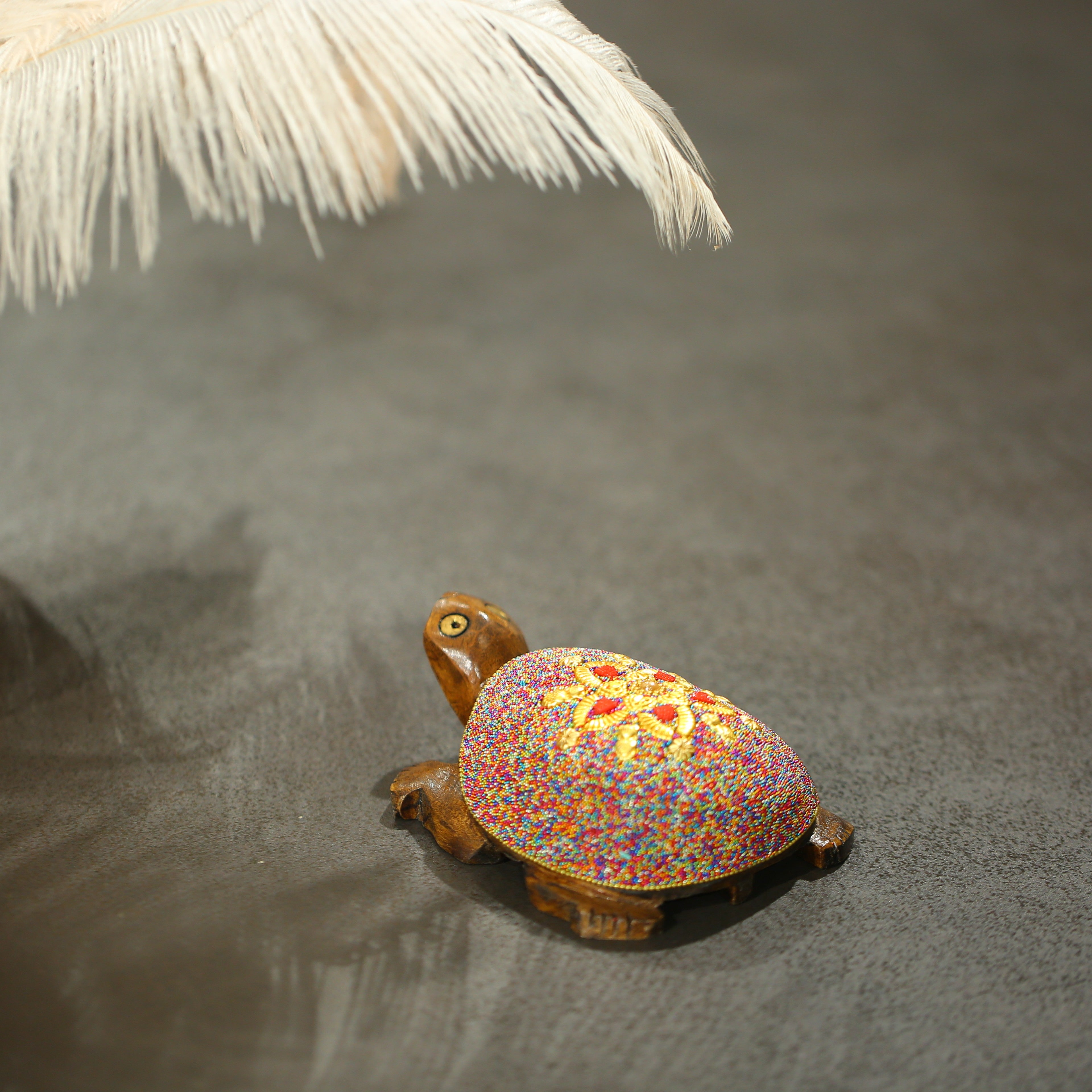Wooden Turtle W/Multi Color Beads W/Flower Work By Stories