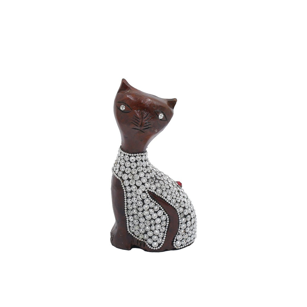Wooden Cat W/Silver Chitton Work By Stories