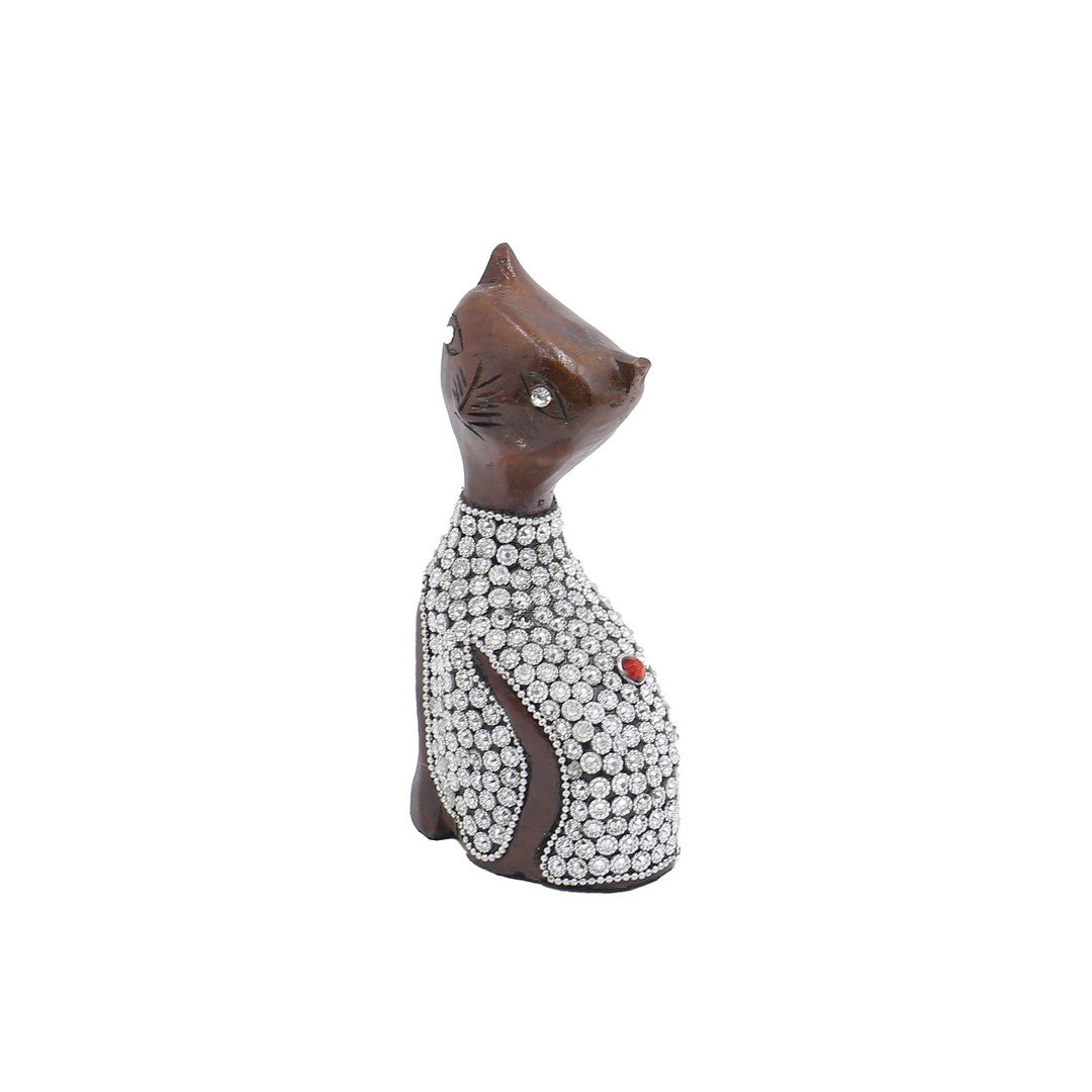 Wooden Cat W/Silver Chitton Work By Stories