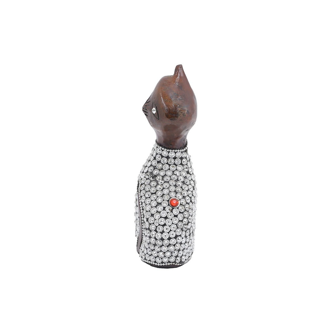 Wooden Cat W/Silver Chitton Work By Stories