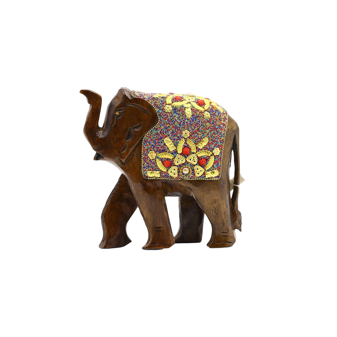 Wooden Elephant W/Multi Color Beads W/Flower Work By Stories