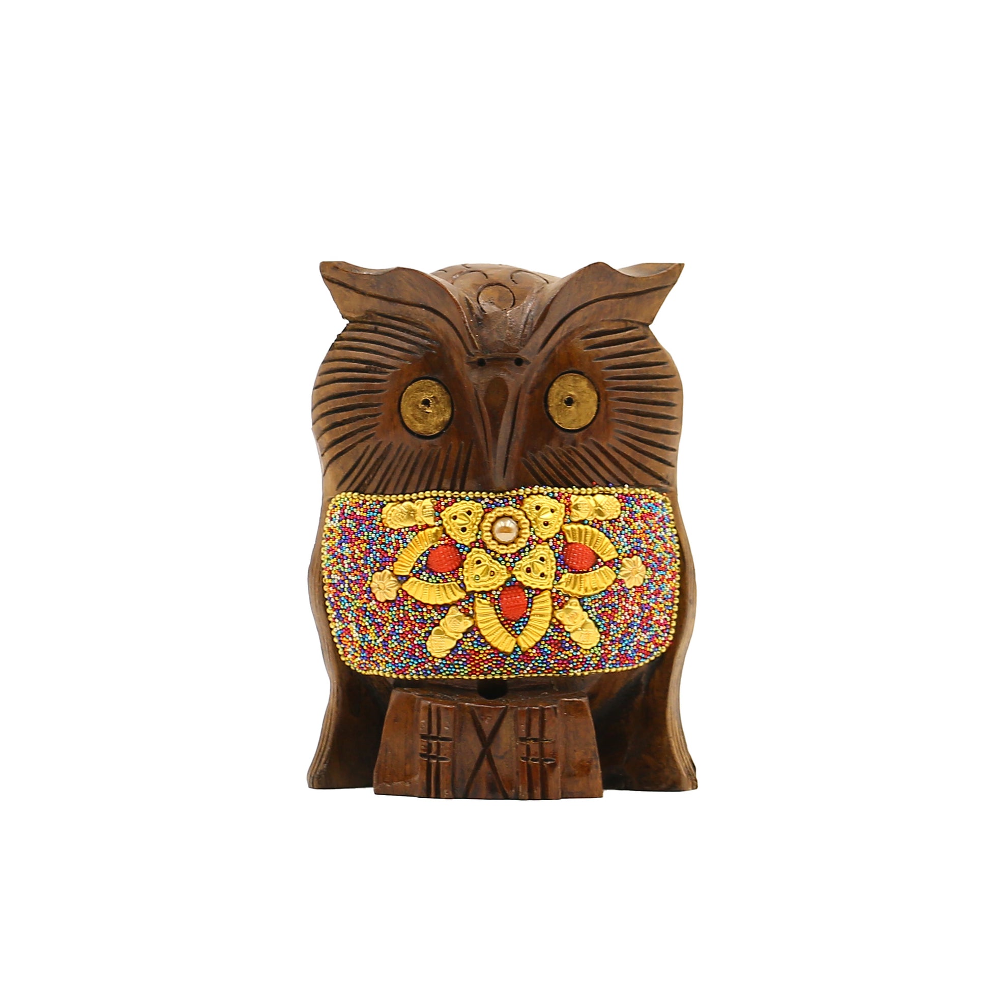 Wooden Owl W/Multi Color Beads W/Flower Work By Stories