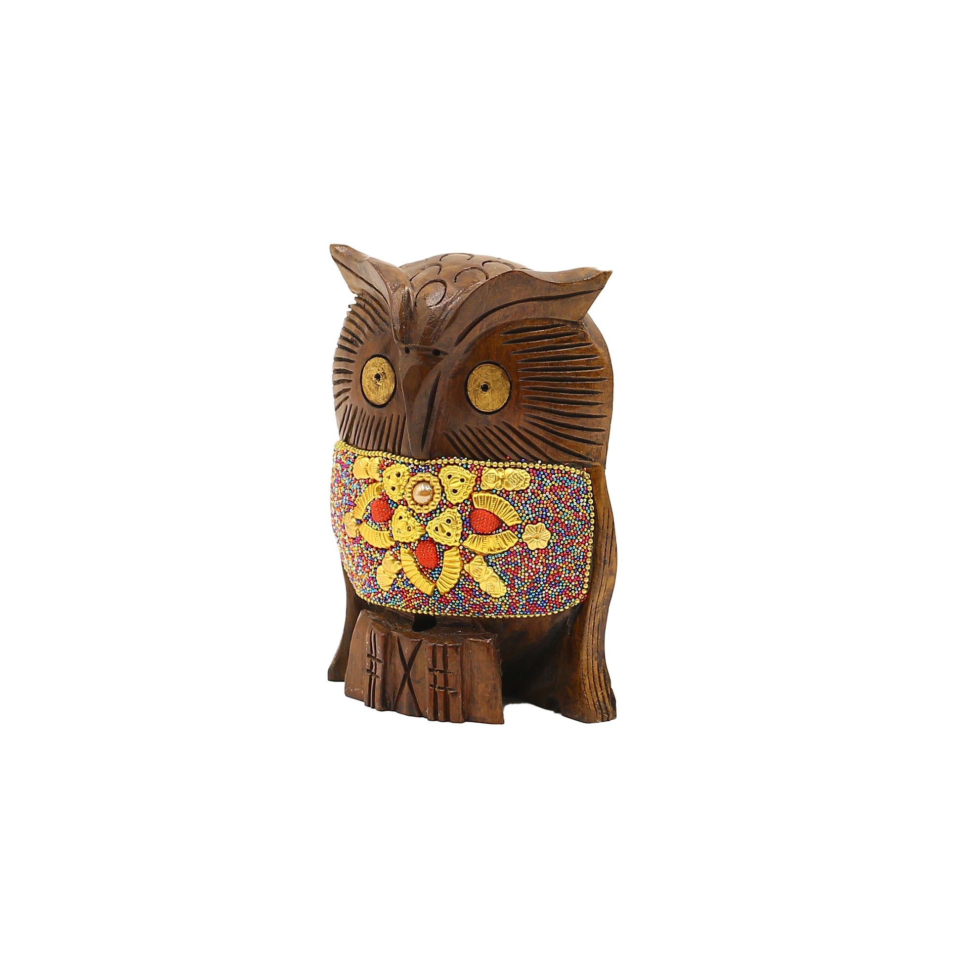 Wooden Owl W/Multi Color Beads W/Flower Work By Stories