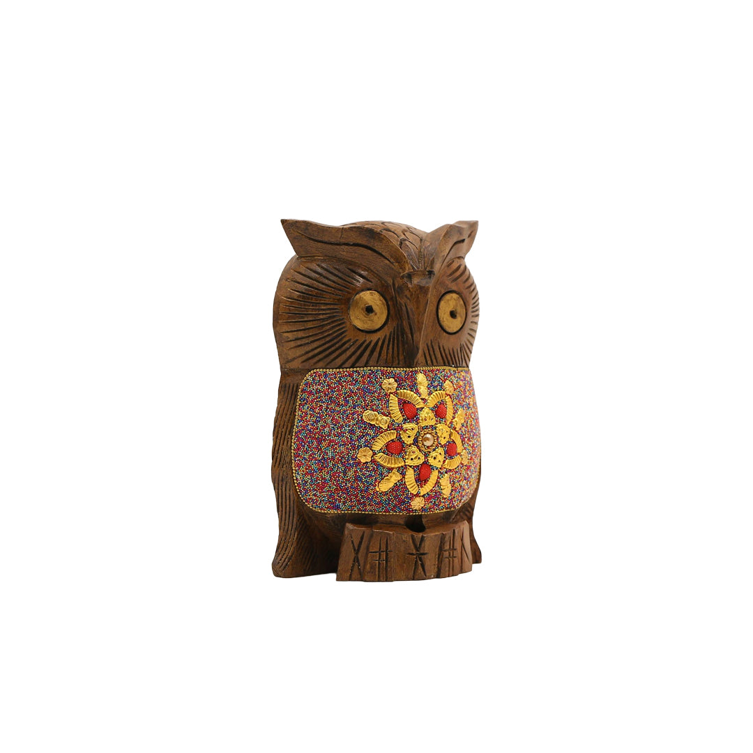 Wooden Owl W/Multi Color Beads W/Flower Work By Stories