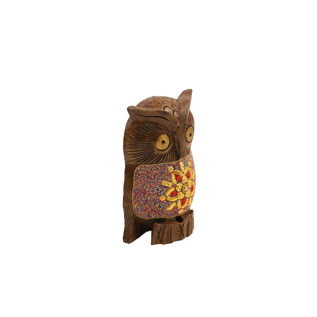 Wooden Owl W/Multi Color Beads W/Flower Work By Stories