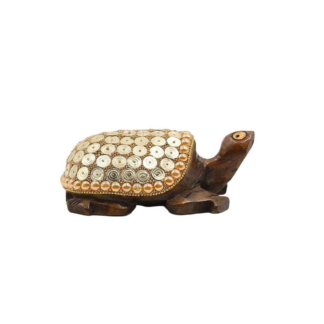 Wooden Turtle W/Golden Spirla Work By Stories