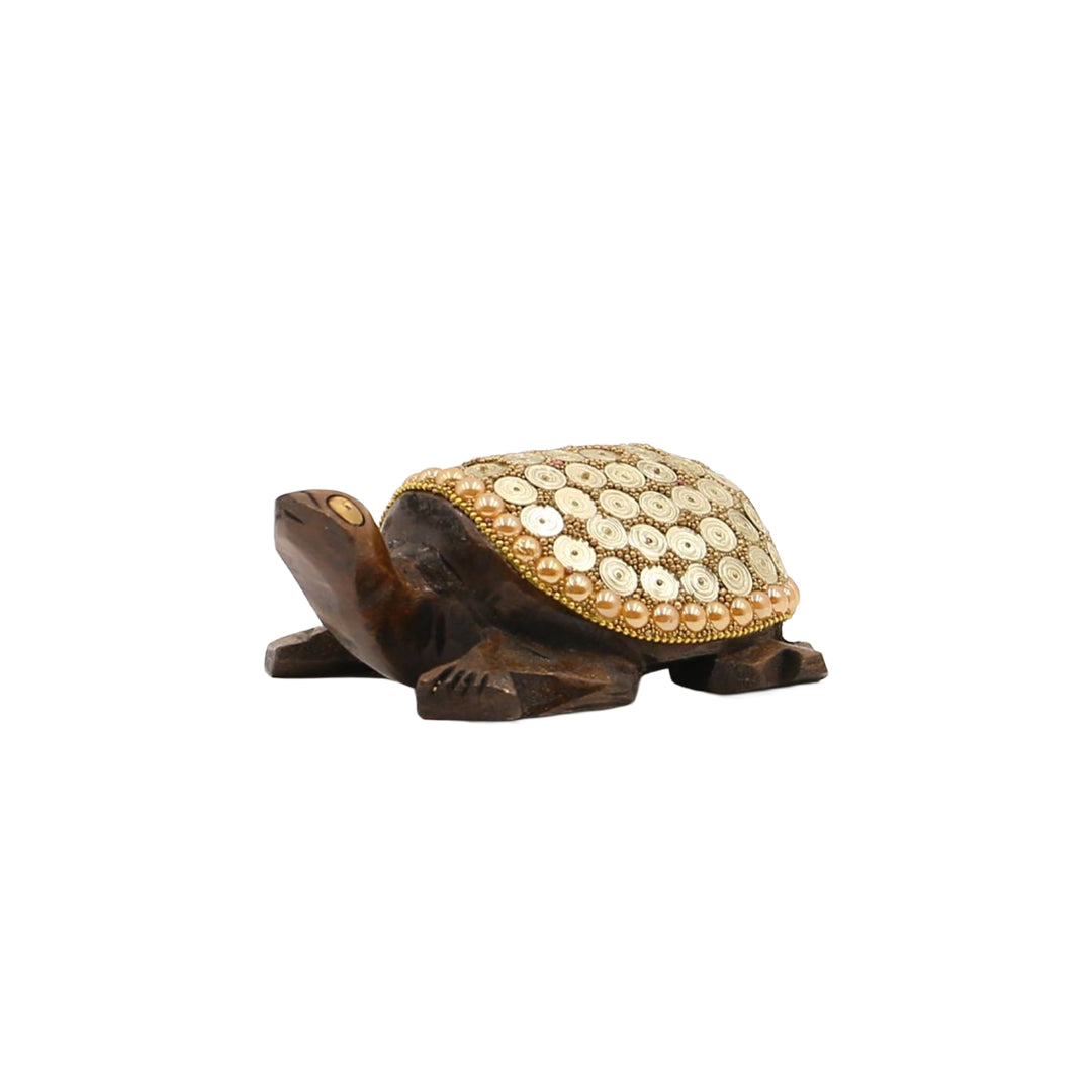 Wooden Turtle W/Golden Spirla Work By Stories