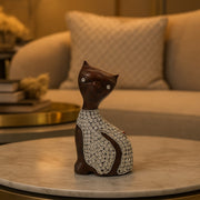 Wooden Cat W/Silver Chitton Work By Stories