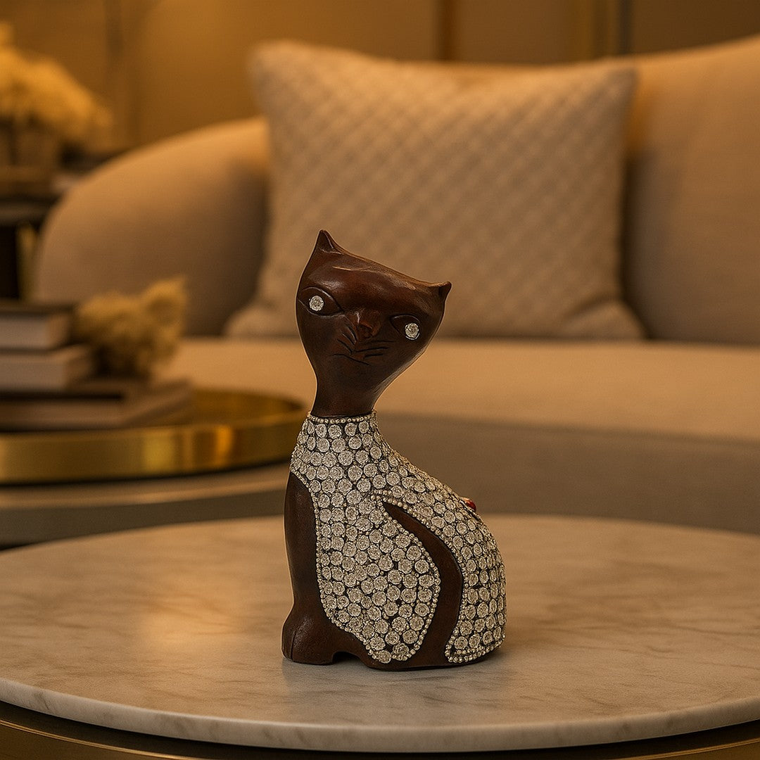 Wooden Cat W/Silver Chitton Work By Stories