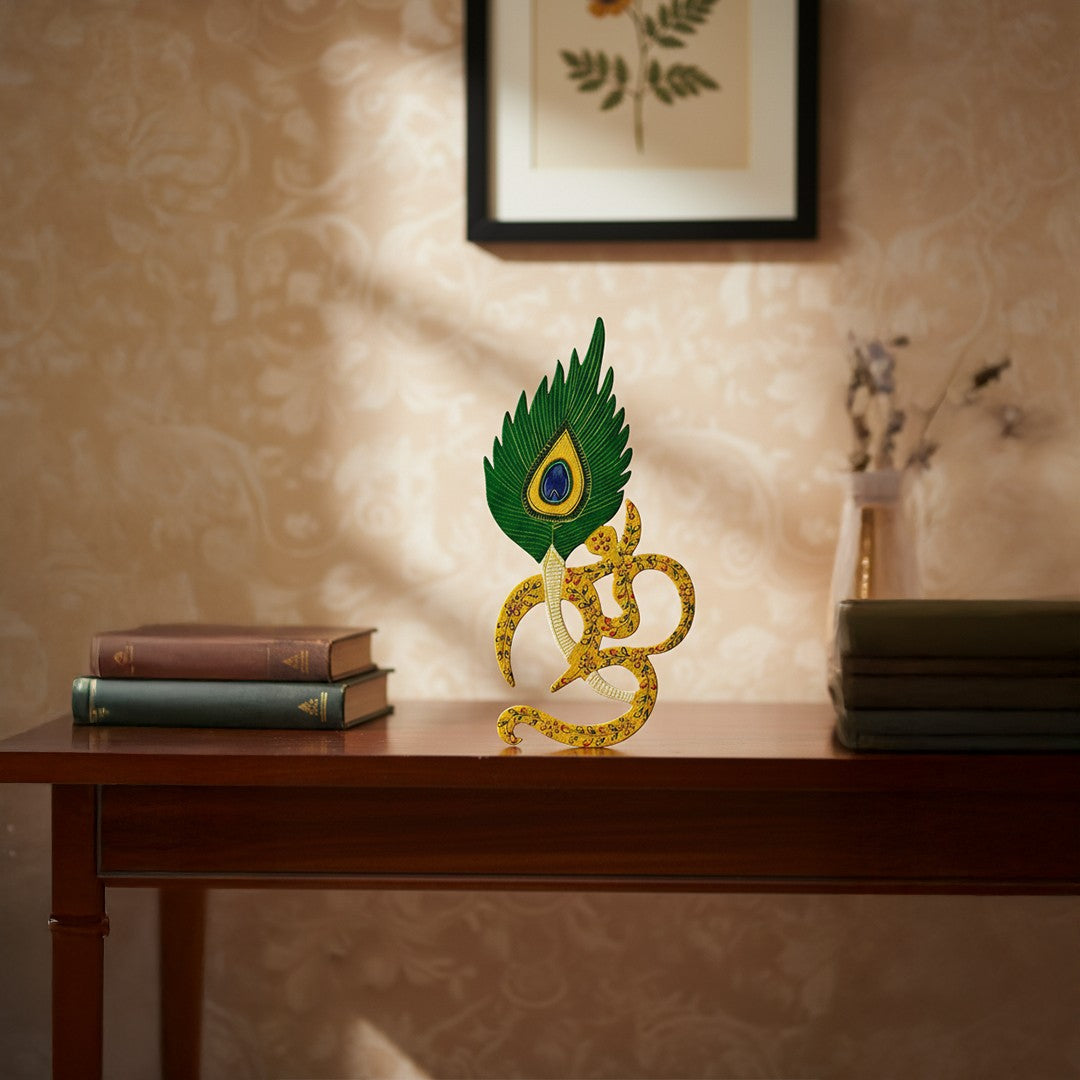 Wooden Om W/Peacock Feather Painted Emb By Stories