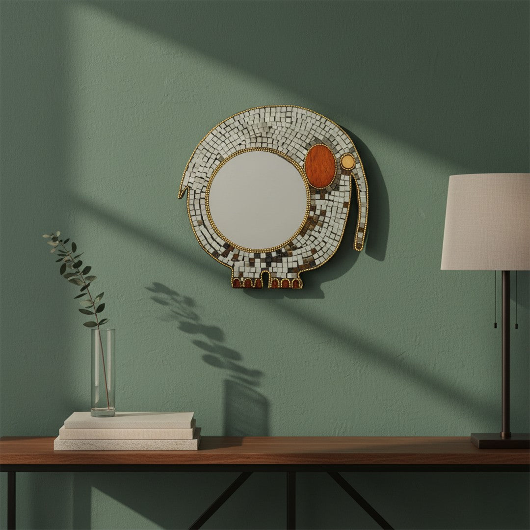 Wooden Elep. W/Rd. Mirror Hanging W/Glass Mirror Work By Stories