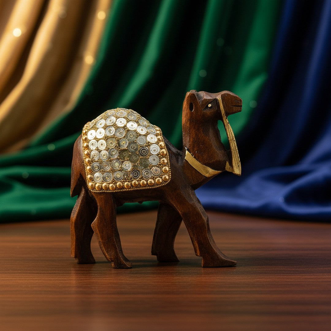 Wooden Camel W/Golden Spiral Work By Stories