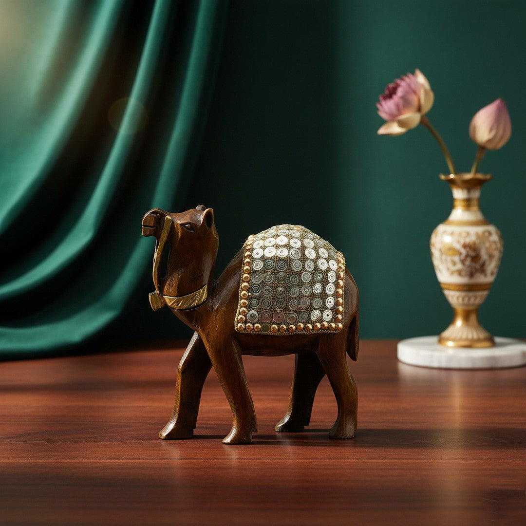 Wooden Camel W/Golden Spiral Work By Stories