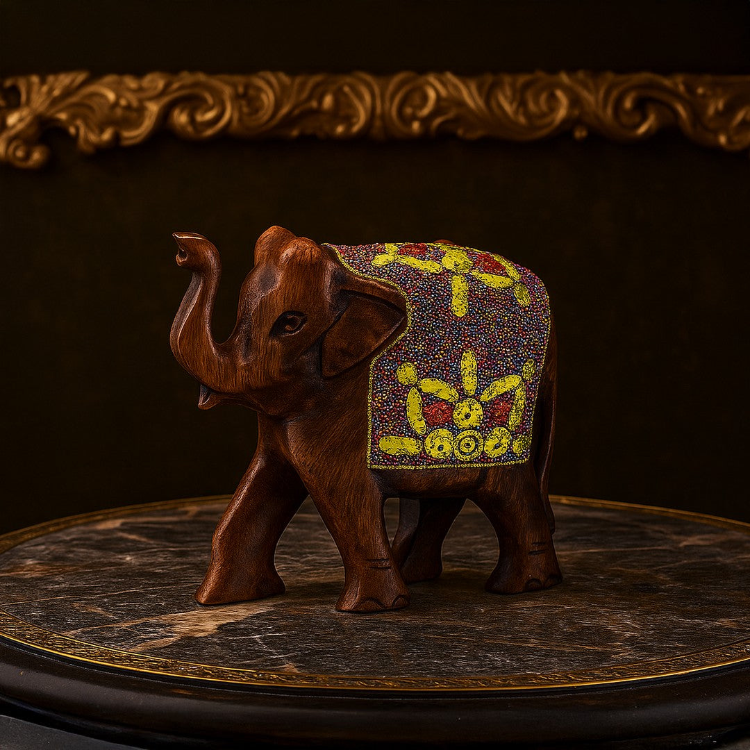 Wooden Elephant W/Multi Color Beads W/Flower Work By Stories