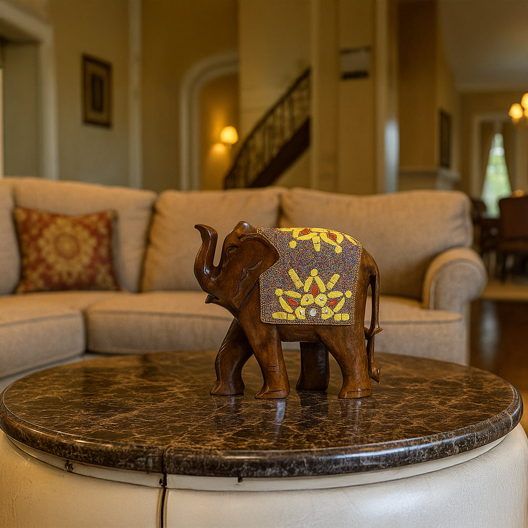 Wooden Elephant W/Multi Color Beads W/Flower Work By Stories