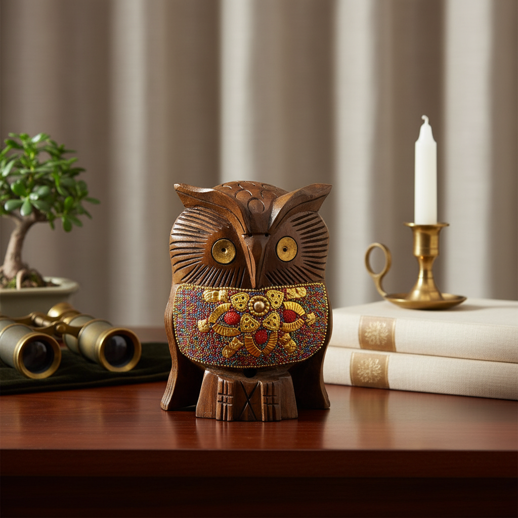 Wooden Owl W/Multi Color Beads W/Flower Work By Stories