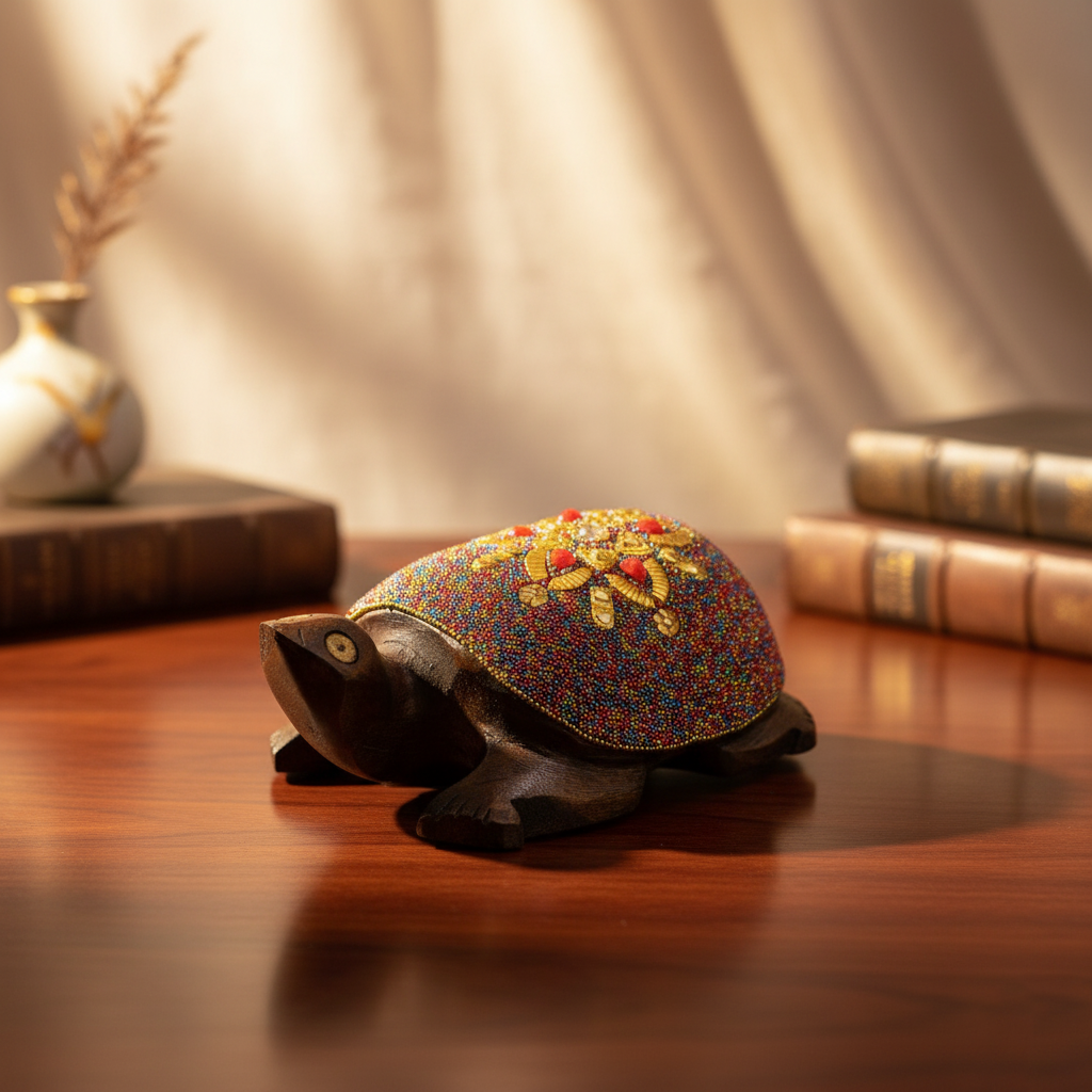 Wooden Turtle W/Multi Color Beads W/Flower Work By Stories