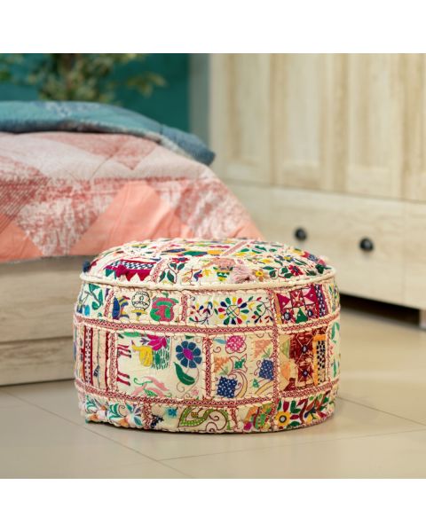 Hand Crafted Fabric Pouf White Multi 56X56 By Stories