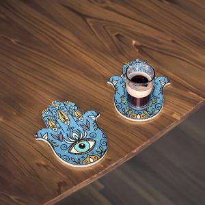 Evil Eye Printed Hand Shaped Coaster Set in Blue By Stories