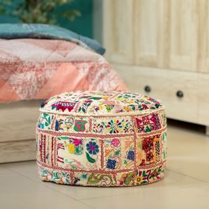 Hand Crafted Recycled Fabric Pouf White Multi 56X56 By Stories