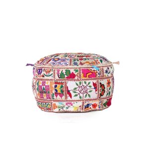 Hand Crafted Recycled Fabric Pouf White Multi 56X56 By Stories