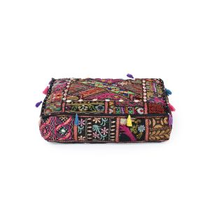 Hand Crafted Recycled Fabric Pouf Black Multi 60X60 By Stories